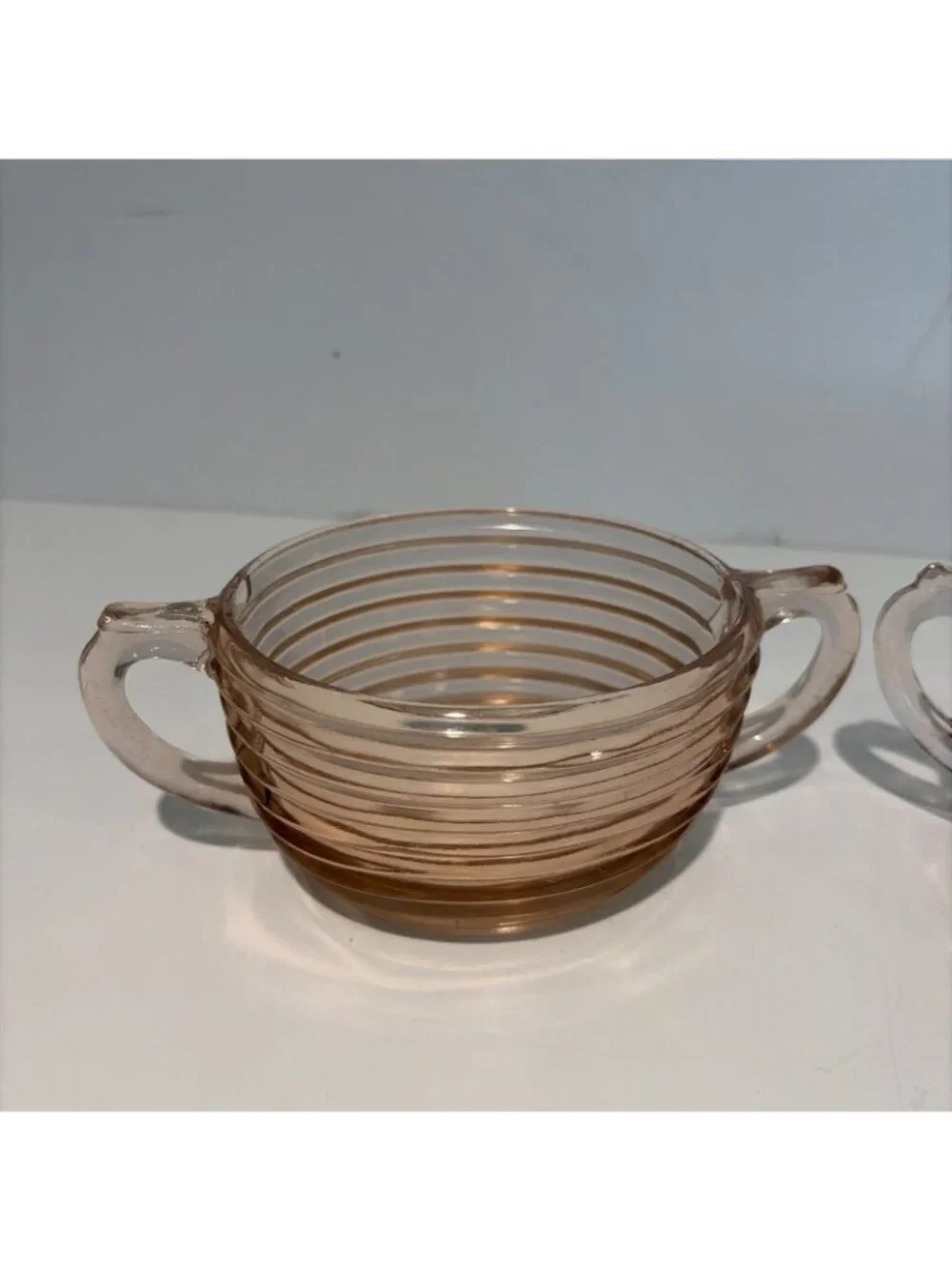2 VTG Anchor Hocking Manhattan Double Handle Bowls Pink Depression Glass 1930s